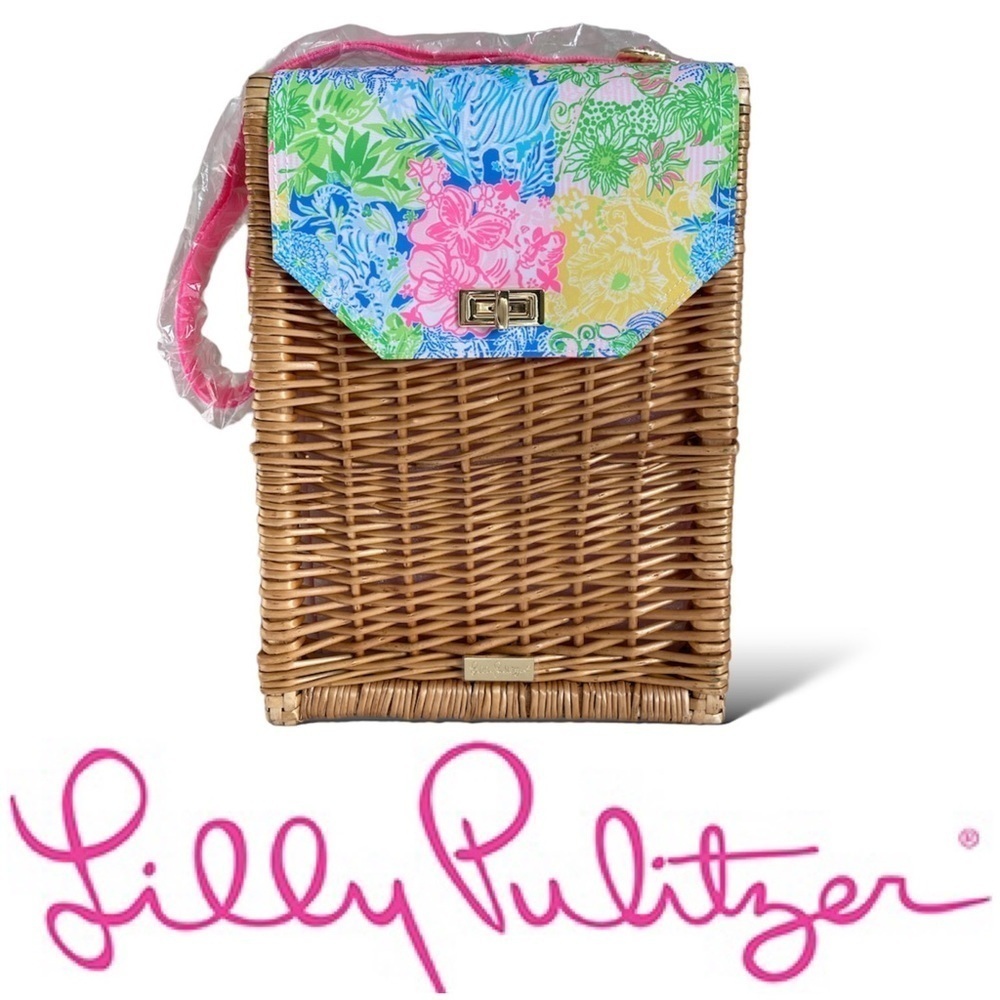 🌸 Lilly Pulitzer 🌸 Picnic Wicker Wine Basket Carrier Multi Cheek to Cheek